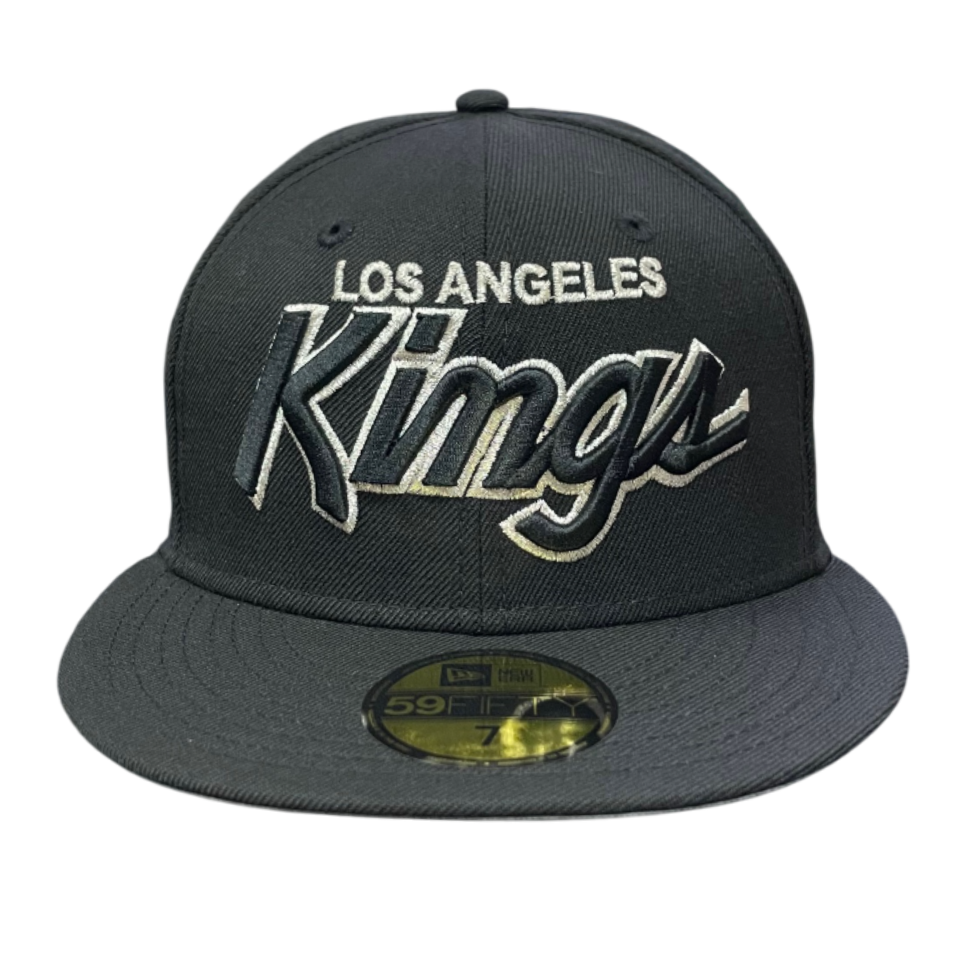 Front of Los Angeles Kings Script Logo Black Silver Outlined 59FIFTY Fitted Hat 