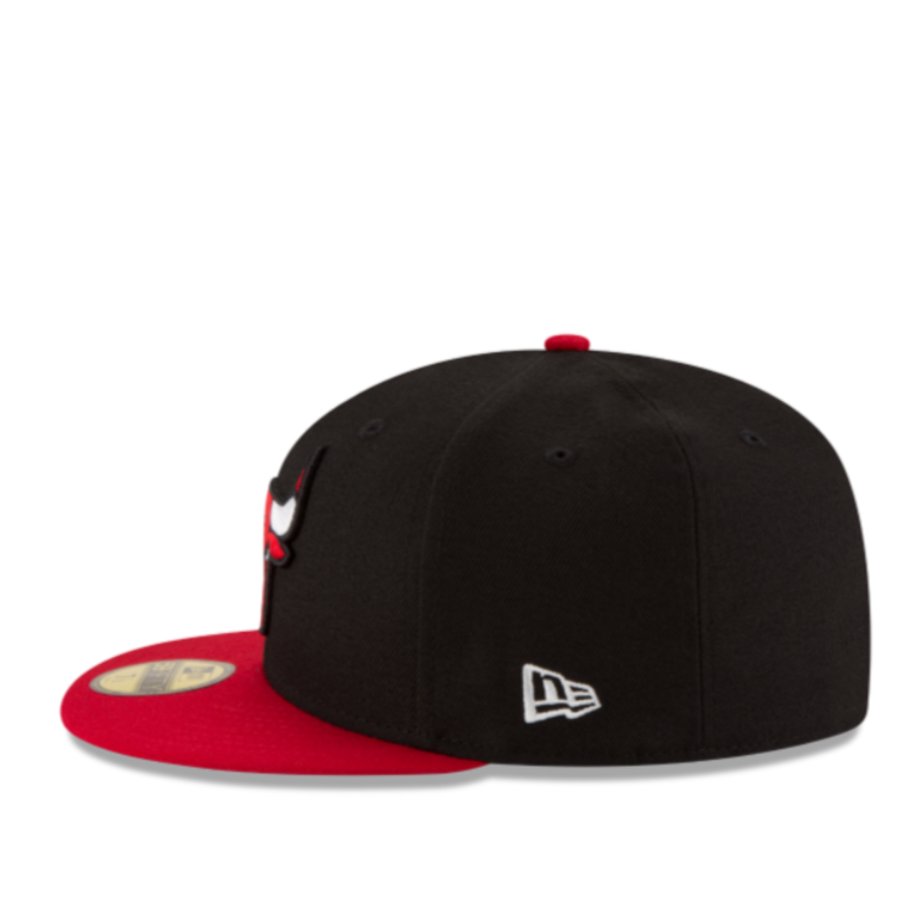 Side View of New Era NBA Chicago Bulls Black Red 2 Tone 59FIFTY Fitted Hat