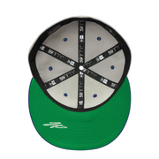 Under View of New Era 59FIFTY Shohei Ohtani Los Angeles Dodgers fitted hat in grey and royal blue, featuring embroidered Ohtani batting logo on the front, LA logo on the side, and gold detailing.