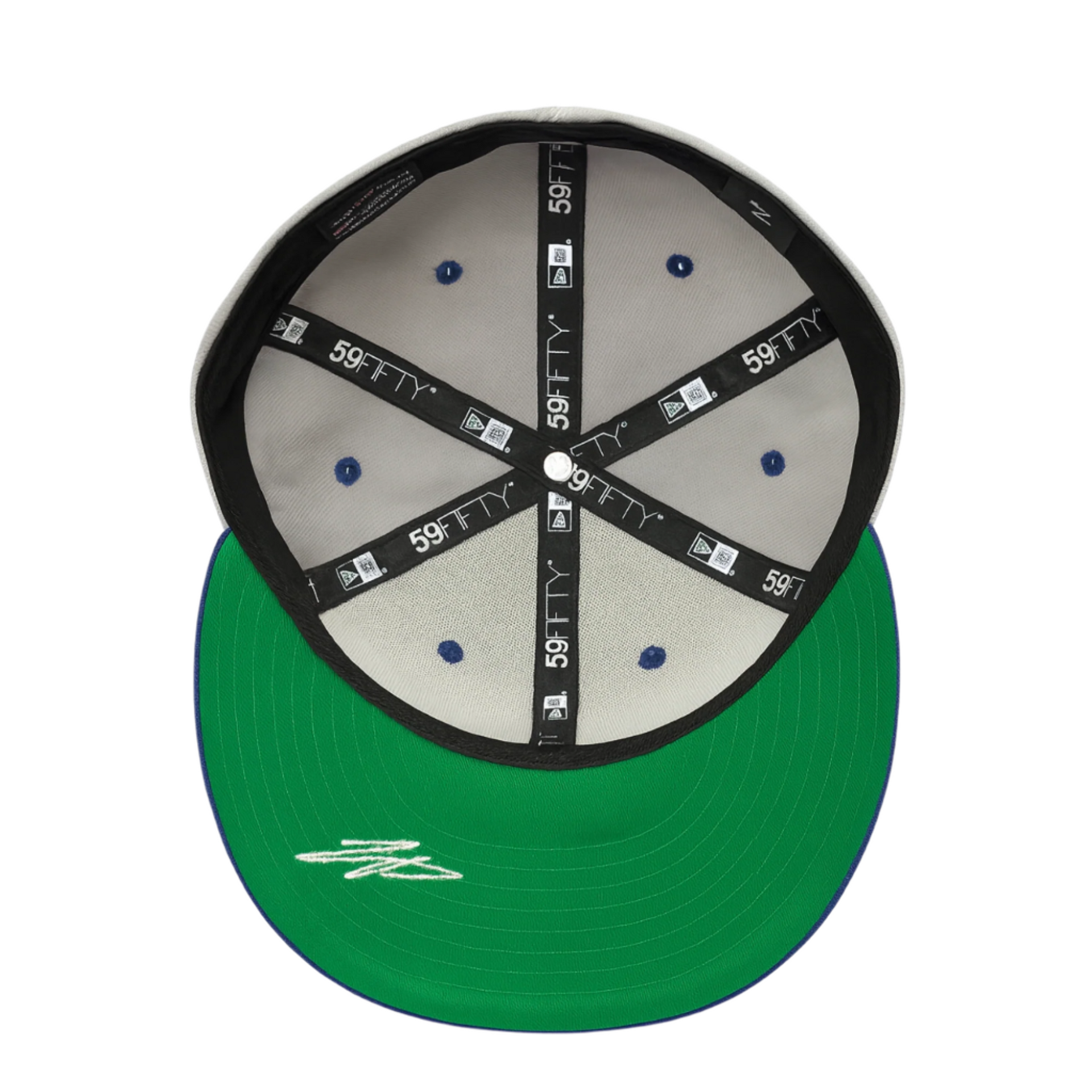 Under View of New Era 59FIFTY Shohei Ohtani Los Angeles Dodgers fitted hat in grey and royal blue, featuring embroidered Ohtani batting logo on the front, LA logo on the side, and gold detailing.