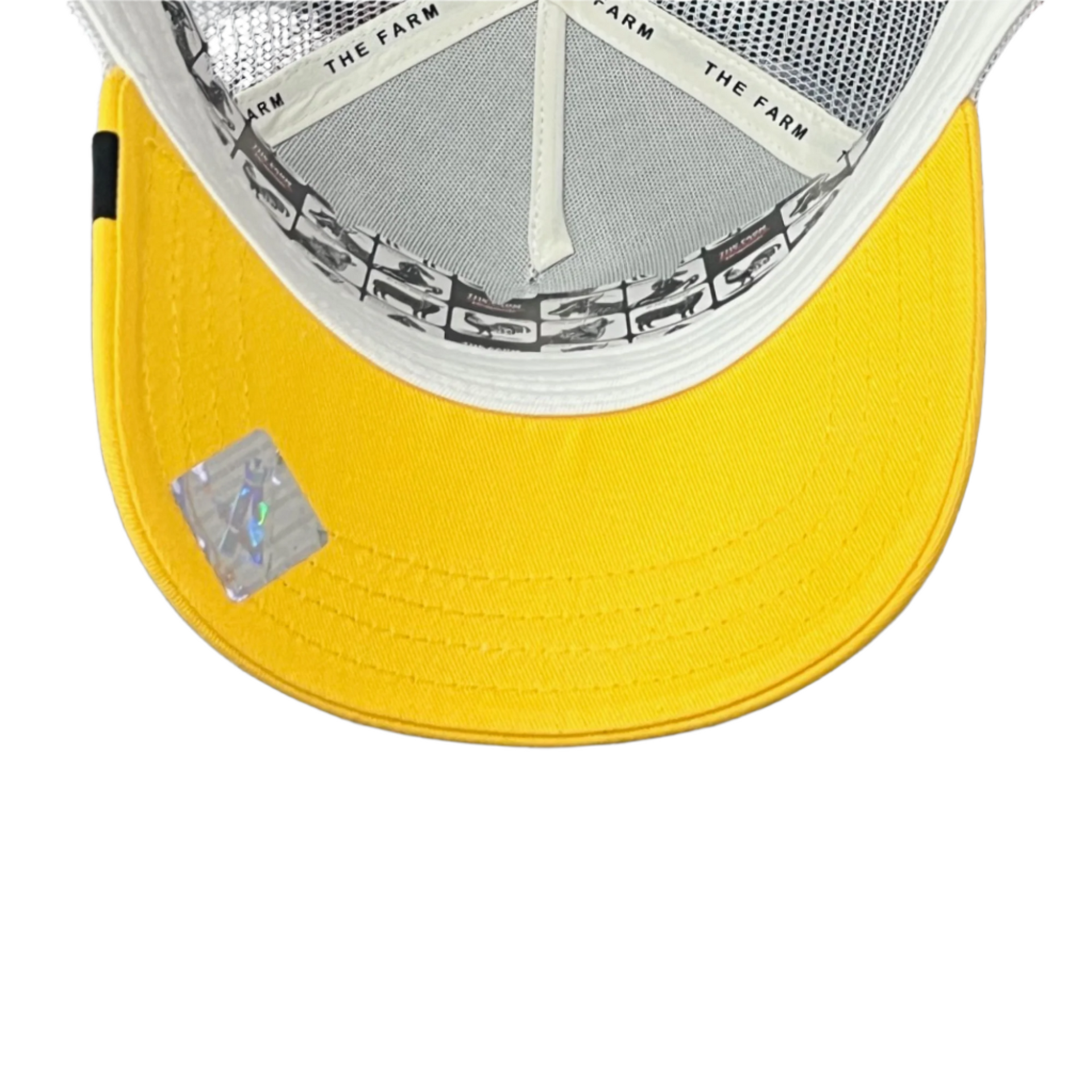 yellow under visor of goorin bros the puff puff fish trucker snapback hat