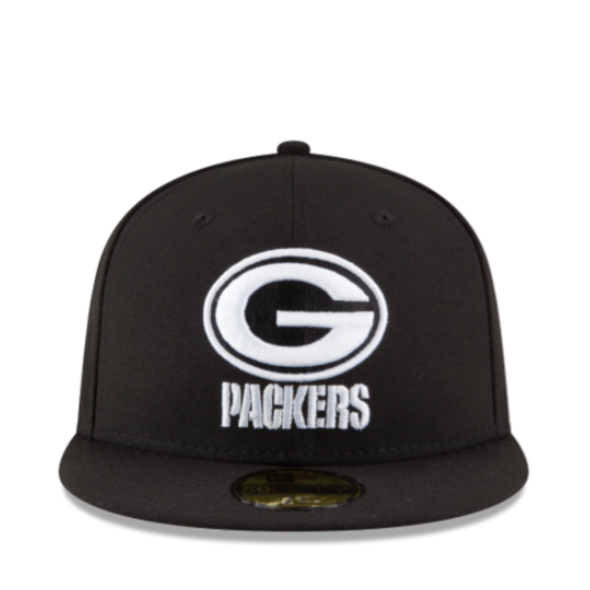 Front View of New Era Green Bay Packers Black White 59FIFTY Fitted Hat