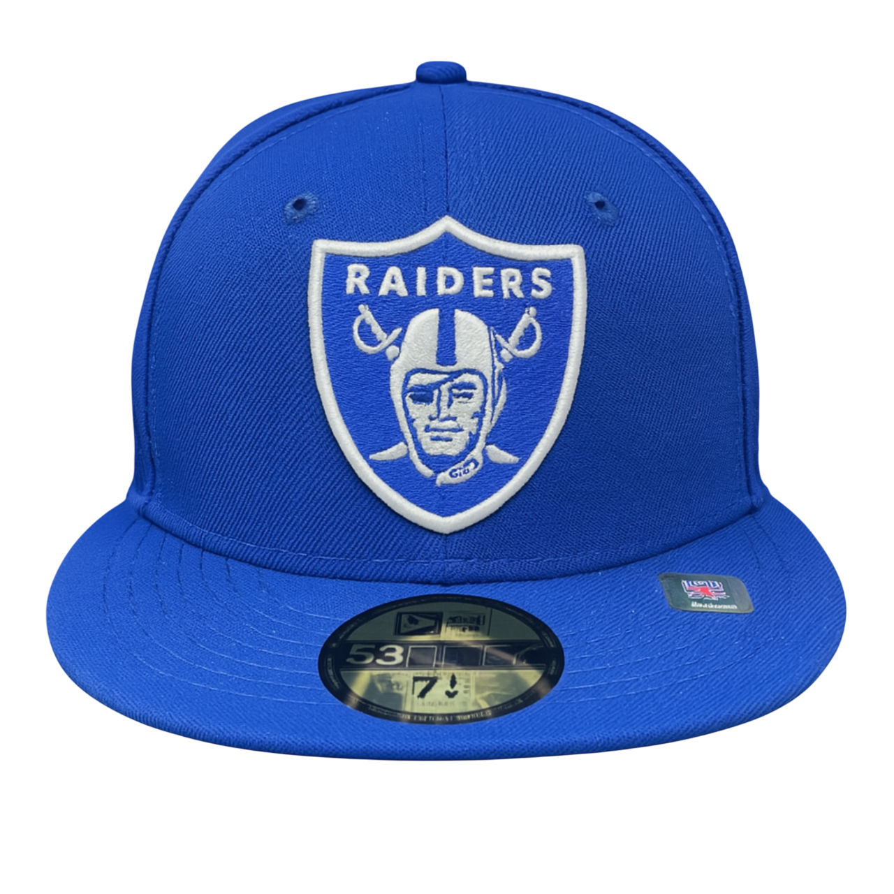 Front view of a royal blue Las Vegas Raiders New Era 59FIFTY fitted cap featuring a white embroidered team logo, gold size sticker on the brim, and NFL authentication patch, displayed against a white background.