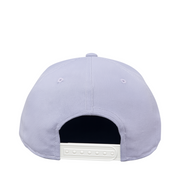 Back view of a light purple baseball cap with a white brim on a white background