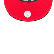 Red Under Visor of New Era Las Vegas Raiders Super Bowl XVIII Black Red XV 59FIFTY Fitted Hat