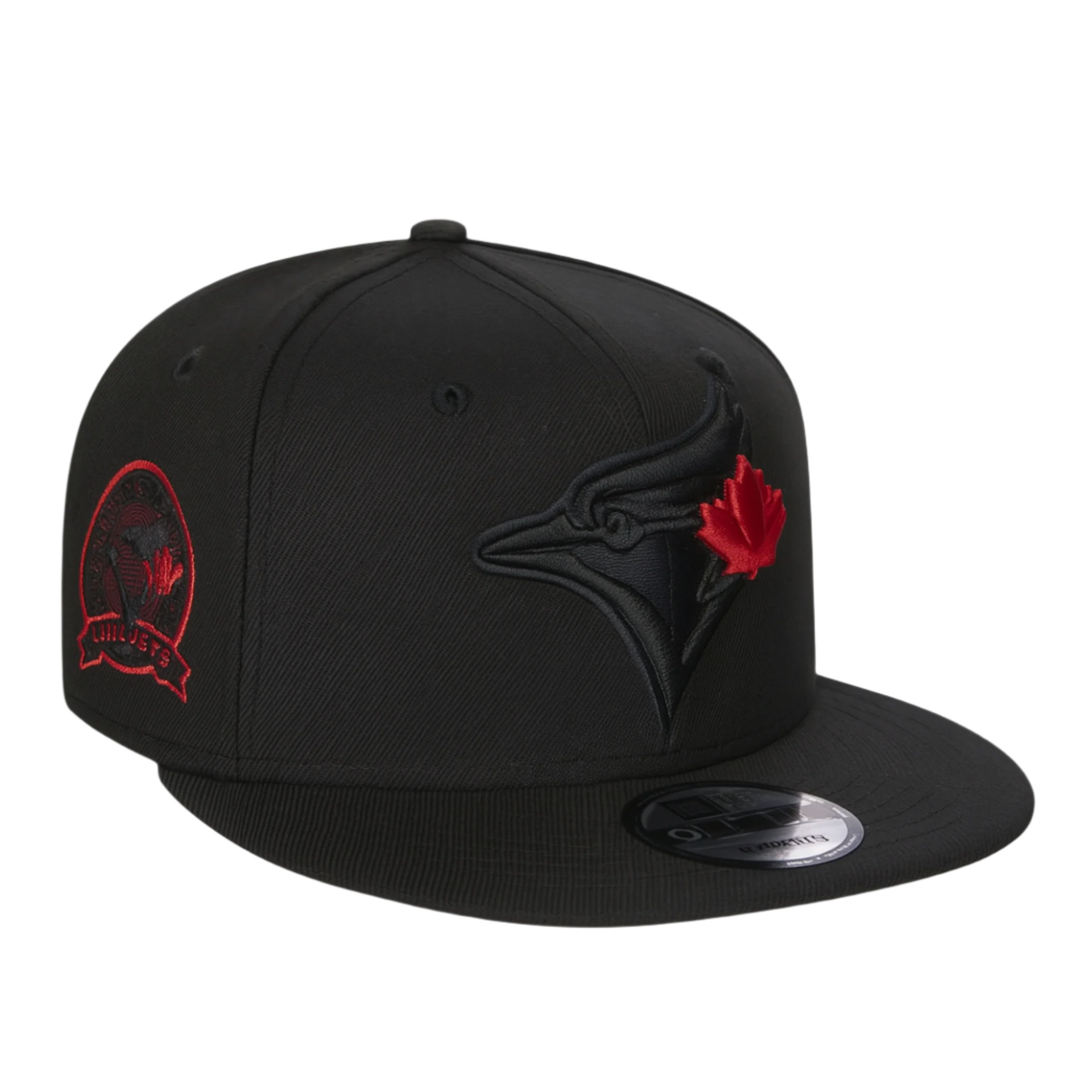 black Toronto Blue Jays New Era 9FIFTY snapback hat with an embroidered team logo and red maple leaf on the front panel.