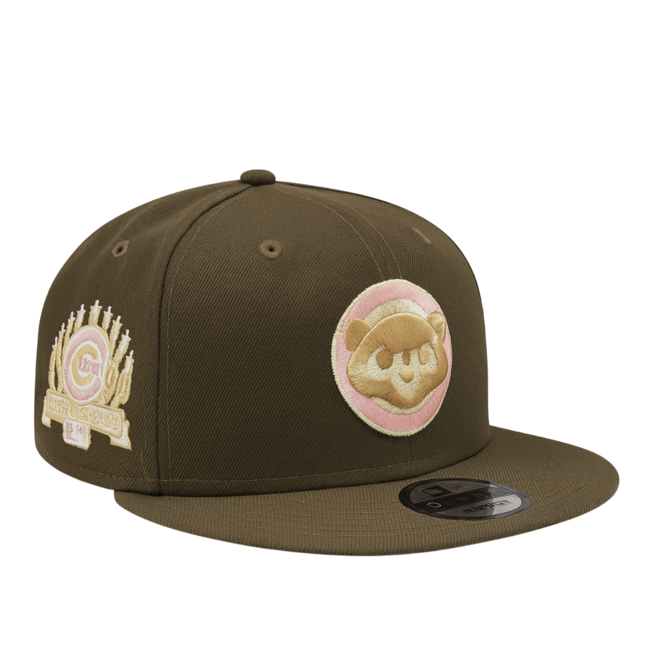 Brown New Era 59FIFTY fitted cap featuring a pink and beige Chicago Cubs bear logo on the front and a gold-stitched 1990 MLB All-Star Game side patch, displayed on a white background