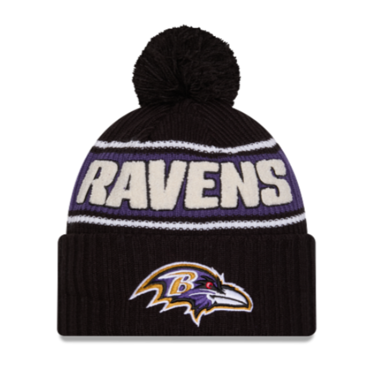 New Era Baltimore Ravens 2024 Sideline Black Cuffed Pom Knit Beanie