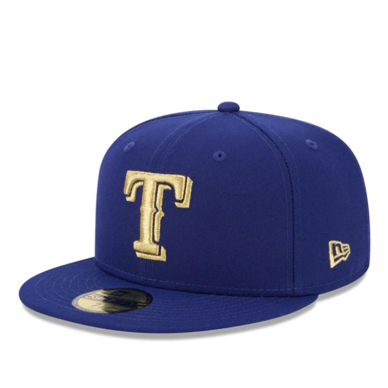 Blue New Era fitted cap with 2023 World Champions side patch Texas Rangers Gold logo 