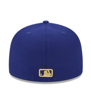 Blue New Era fitted cap with 2023 World Champions side patch Texas Rangers Gold logo 