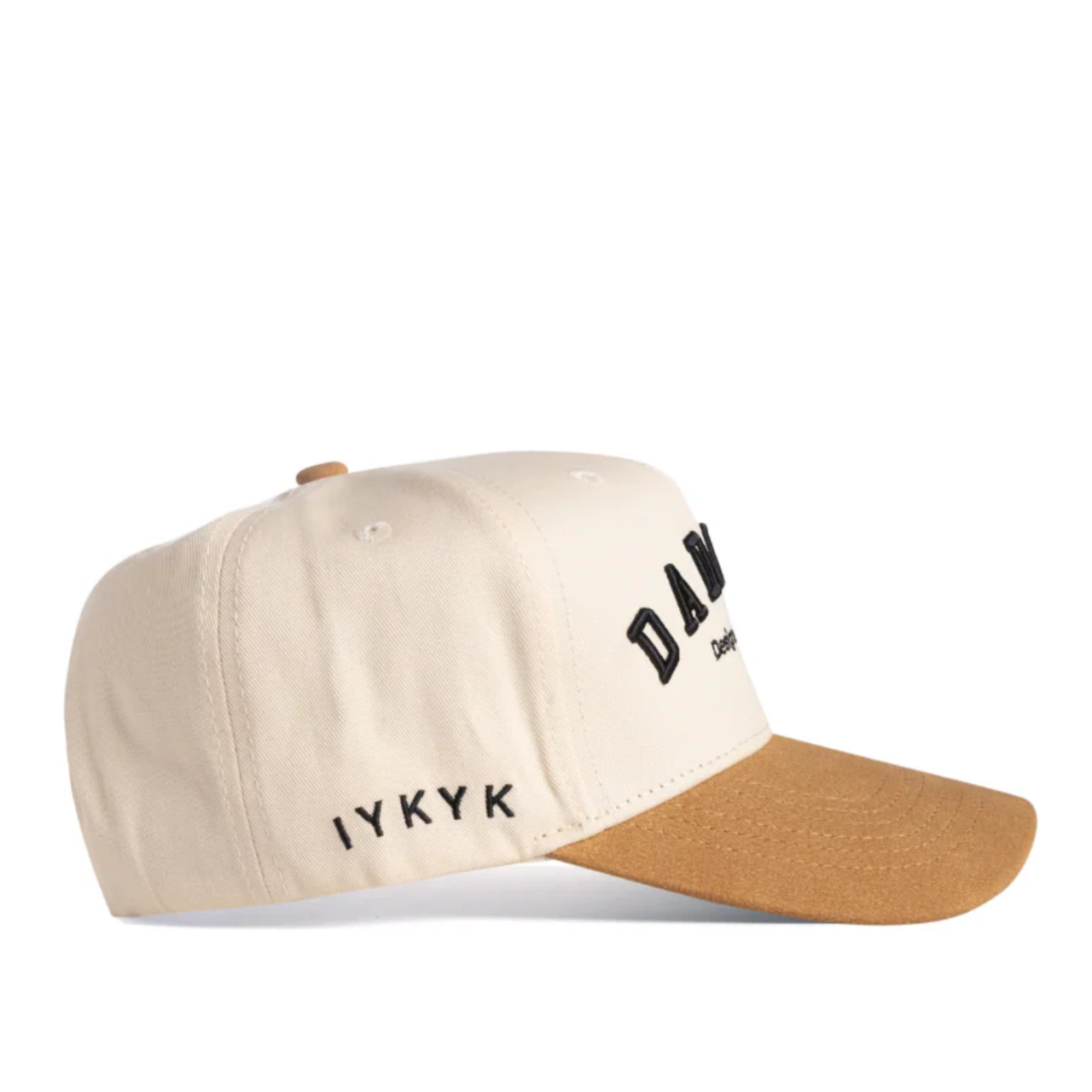 Side View of Dad Gang Suede Script Snapback Hat