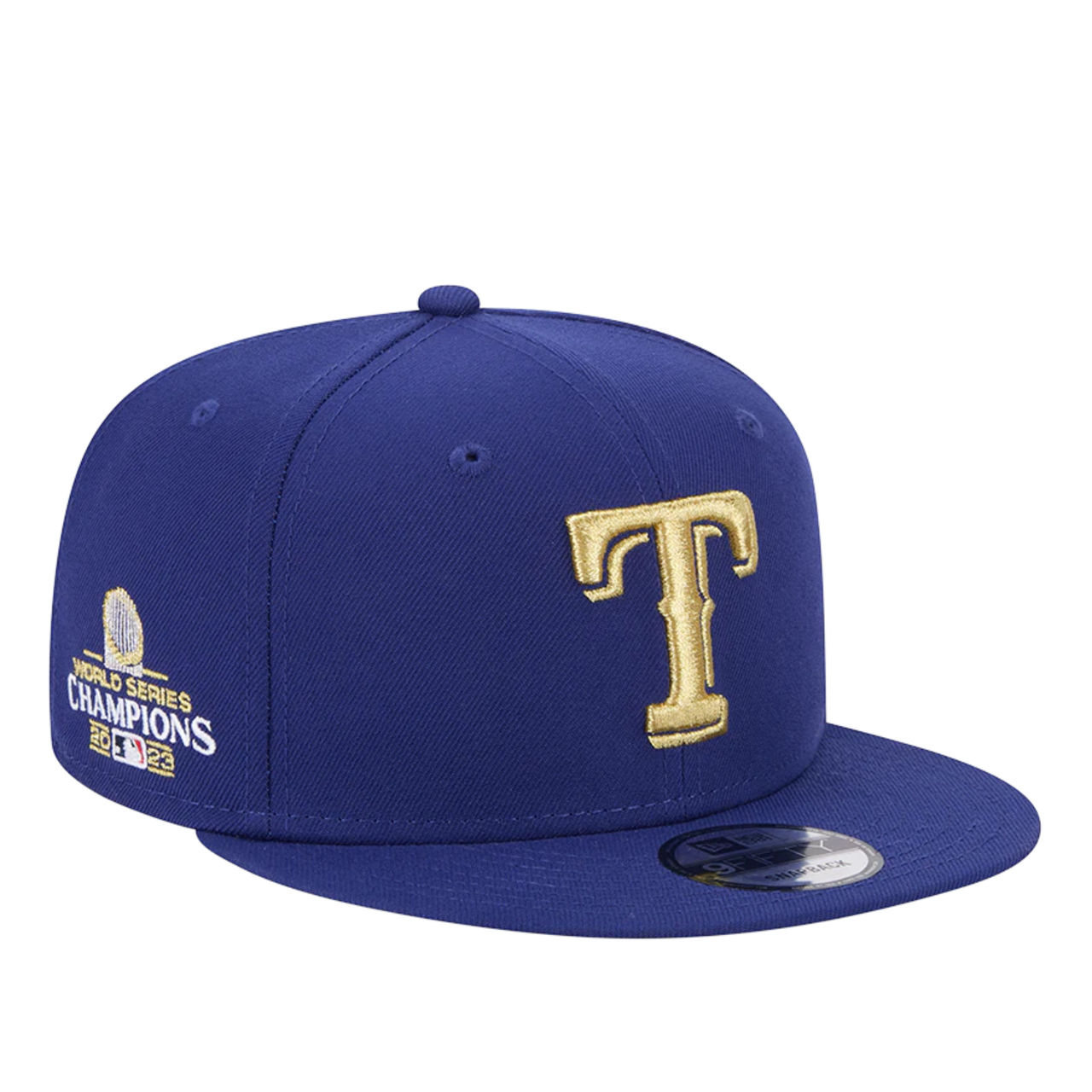 Blue New Era snapback cap with Texas Rangers Gold logo with 2023 World Series Champions on the side 