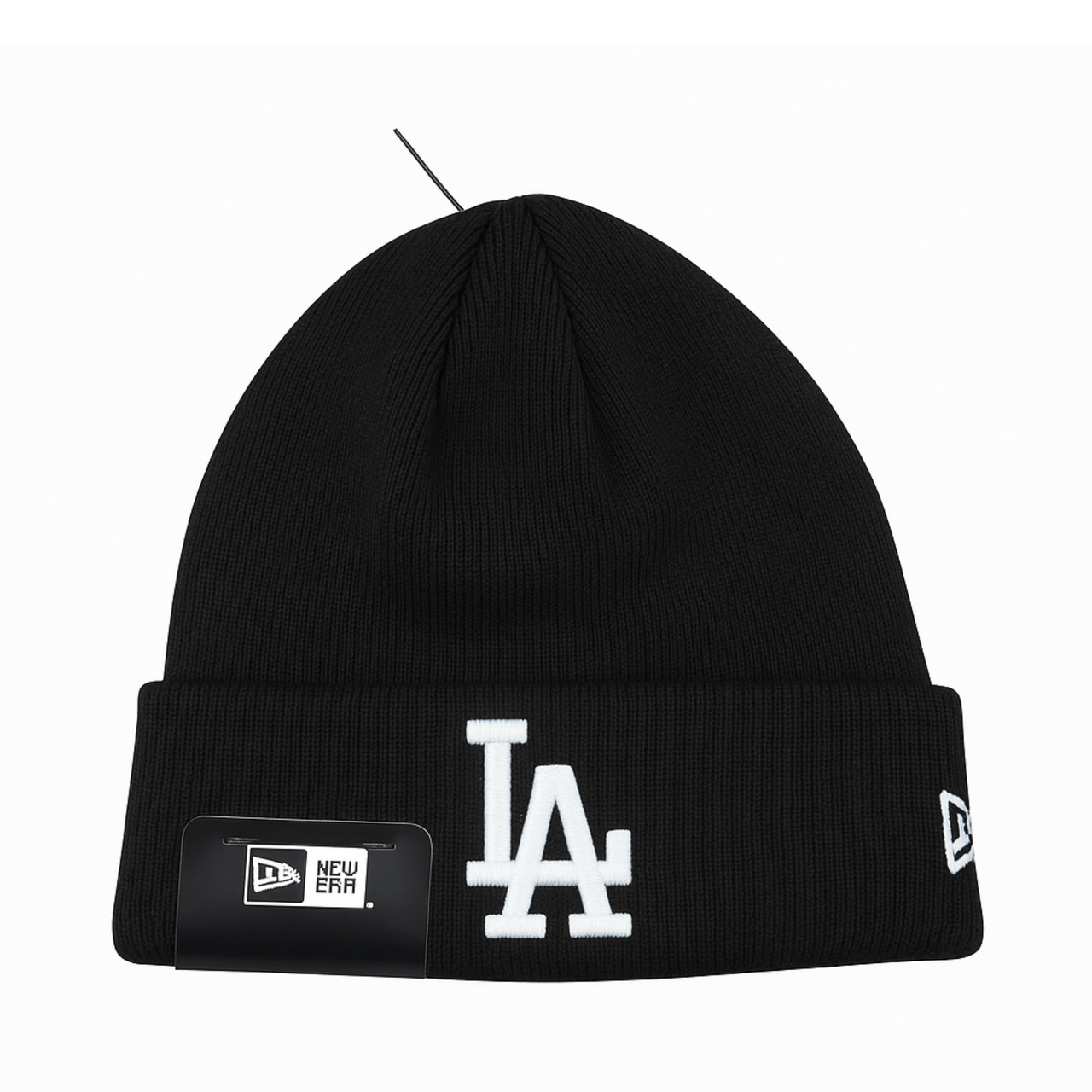 Black New Era beanie with white embroidered LA logo on the cuff and a black New Era tag attached to the front.