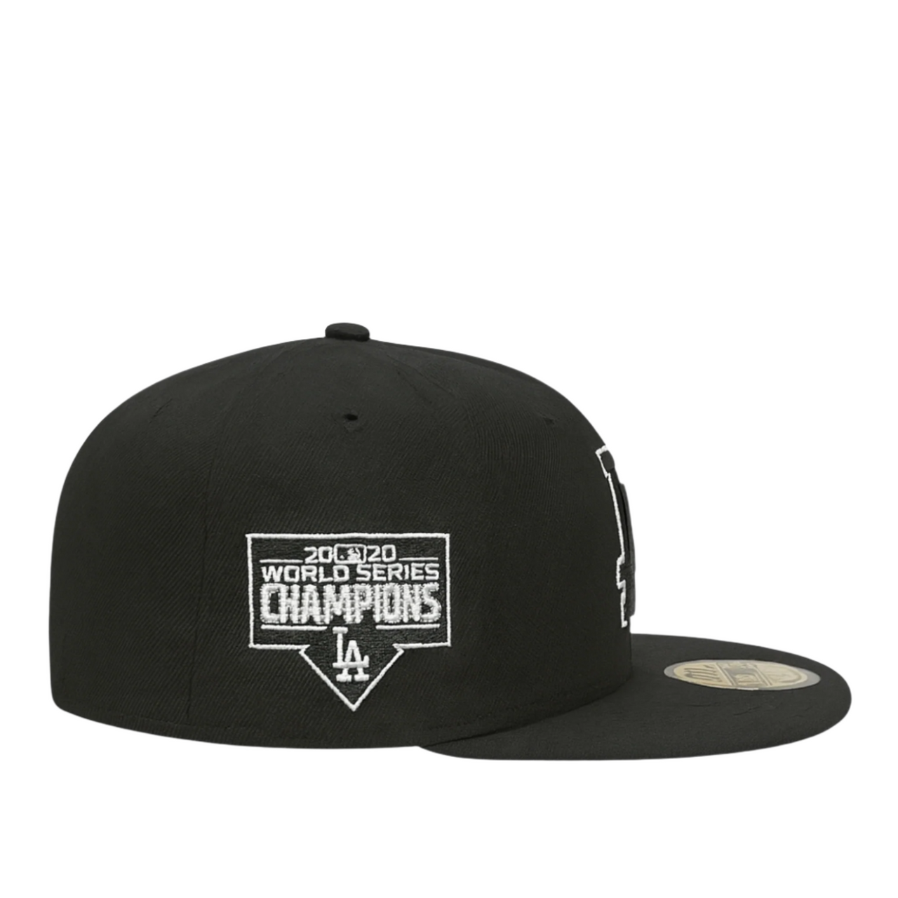 Side View of LA Dodgers 2020 World Series Champions New Era 59FIFTY fitted cap in black, featuring commemorative side patch, white embroidery, and flat visor.