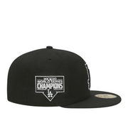 Side View of LA Dodgers 2020 World Series Champions New Era 59FIFTY fitted cap in black, featuring commemorative side patch, white embroidery, and flat visor.