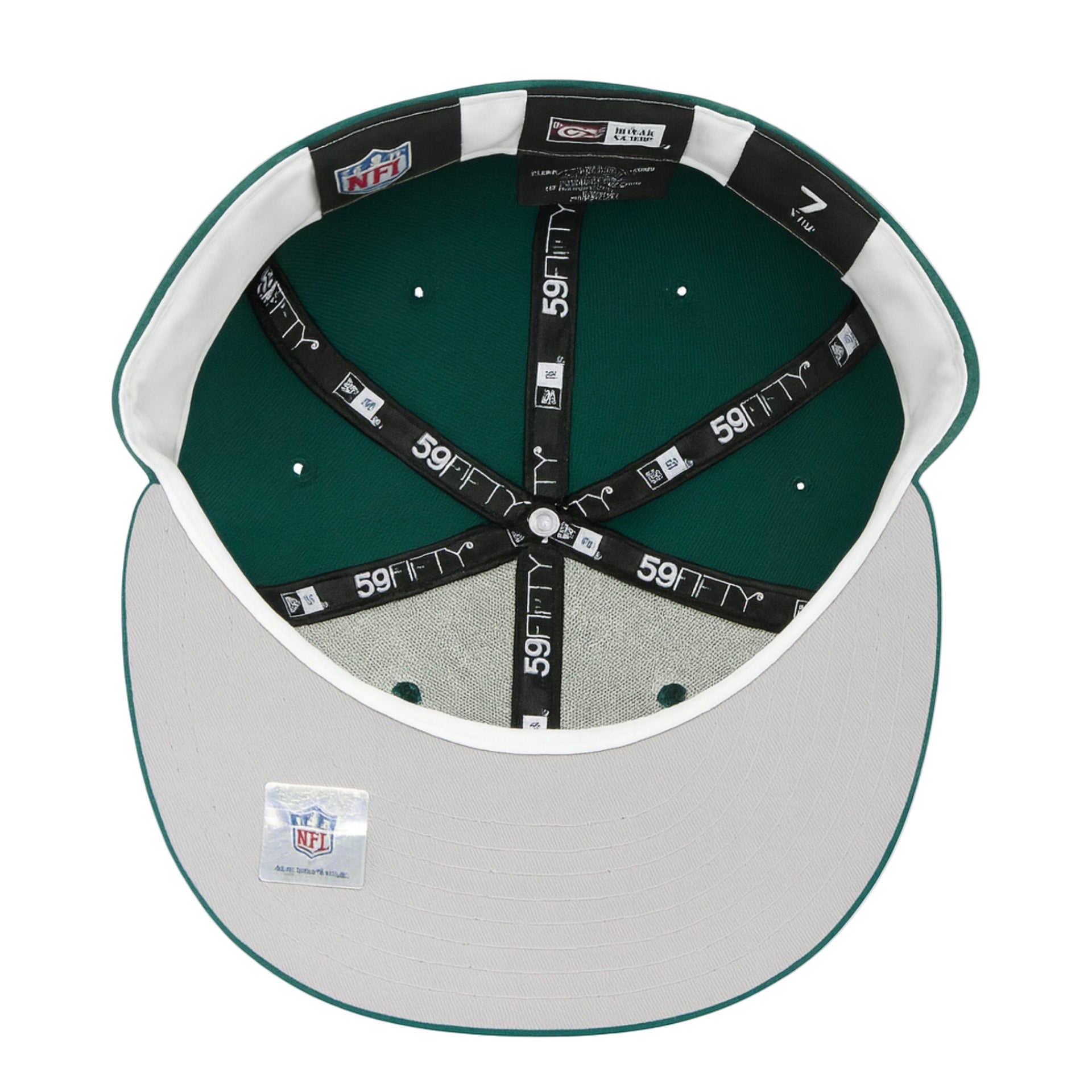 Top view of a green and gray baseball cap with '59Fifty' branding on a white background