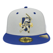 New Era 59FIFTY Shohei Ohtani Los Angeles Dodgers fitted hat in grey and royal blue, featuring embroidered Ohtani batting logo on the front, LA logo on the side, and gold detailing.