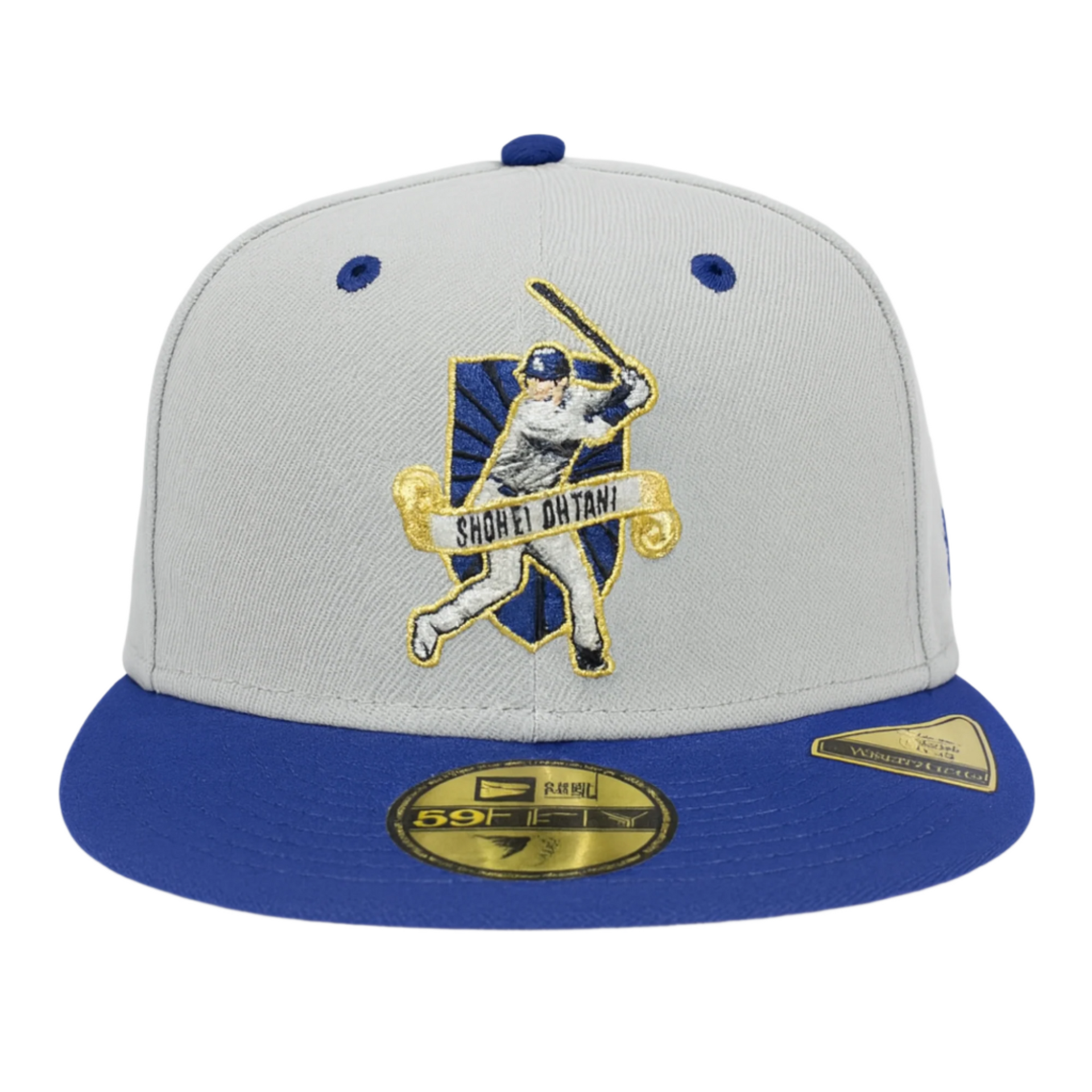 New Era 59FIFTY Shohei Ohtani Los Angeles Dodgers fitted hat in grey and royal blue, featuring embroidered Ohtani batting logo on the front, LA logo on the side, and gold detailing.
