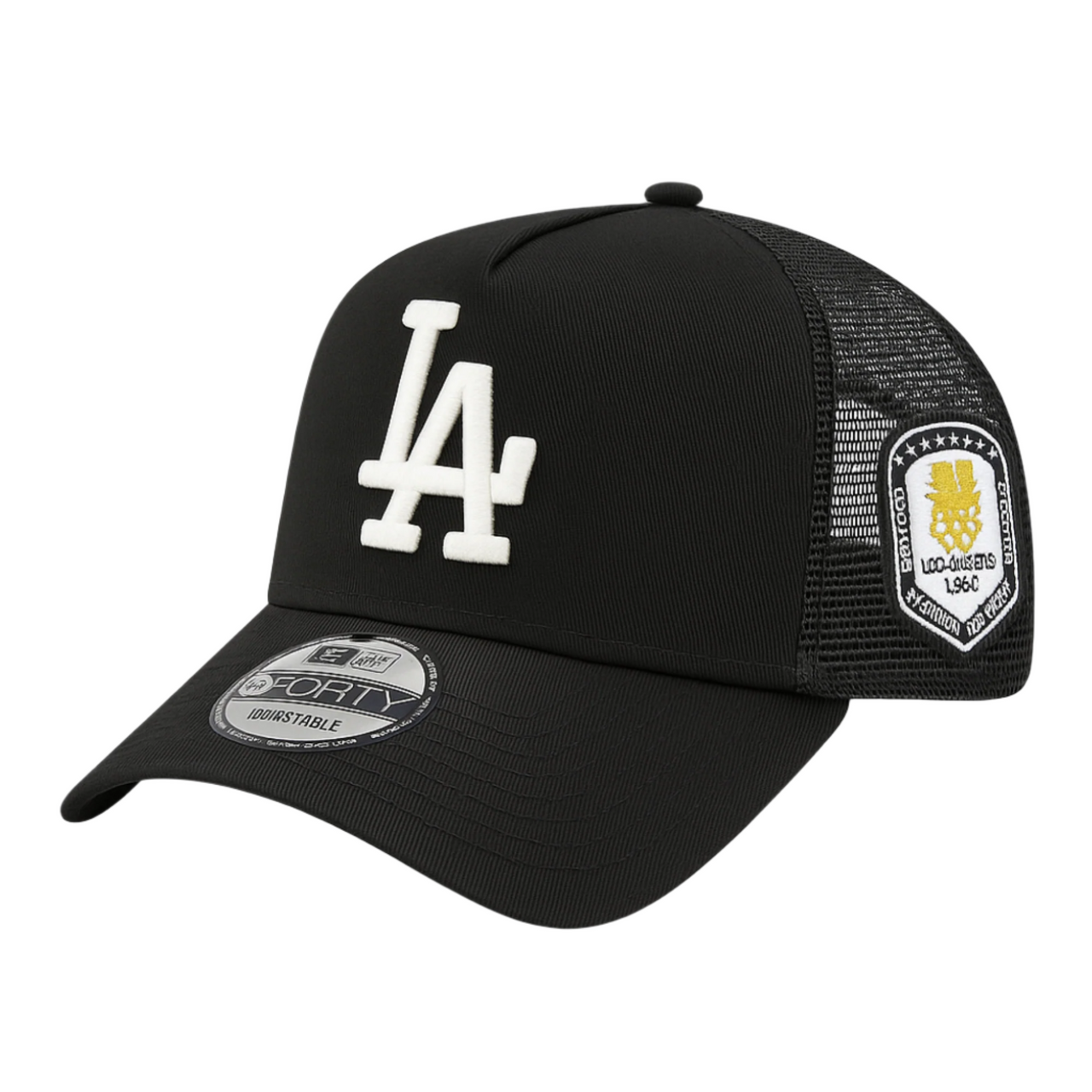 New Era 9FORTY A-Frame black mesh snapback cap featuring a white LA logo on the front and a 1984 Los Angeles Olympic Stadium Baseball commemorative patch on the side, set against a white background.