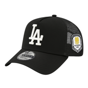New Era 9FORTY A-Frame black mesh snapback cap featuring a white LA logo on the front and a 1984 Los Angeles Olympic Stadium Baseball commemorative patch on the side, set against a white background.