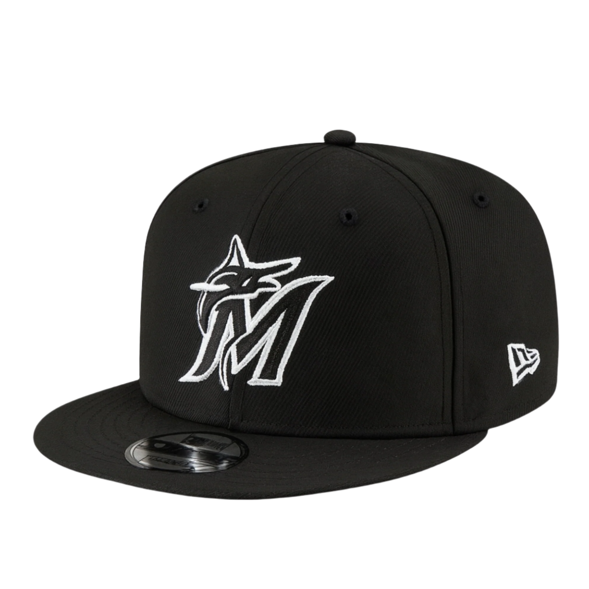 Miami Marlins black snapback hat – New Era 9FIFTY, white embroidered logo, perfect for streetwear and MLB fans.