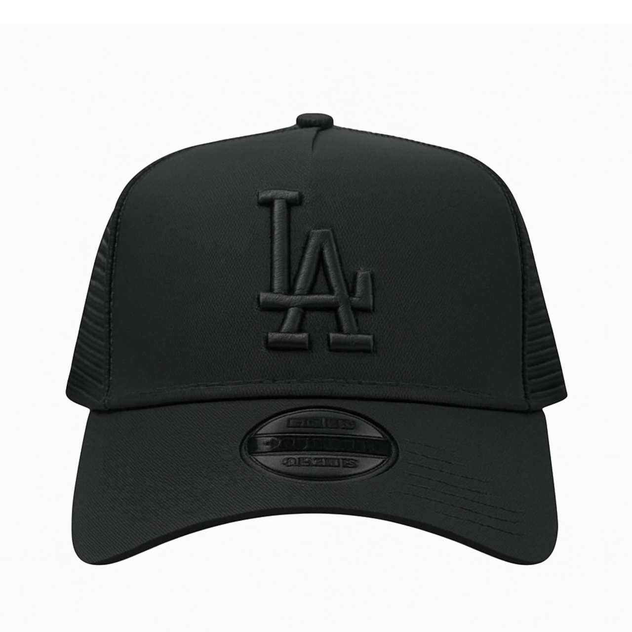 A black New Era 9FORTY A-Frame trucker style cap with an all-black LA logo, displayed on a white background.