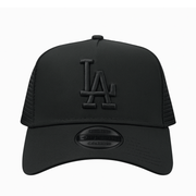 A black New Era 9FORTY A-Frame trucker style cap with an all-black LA logo, displayed on a white background.