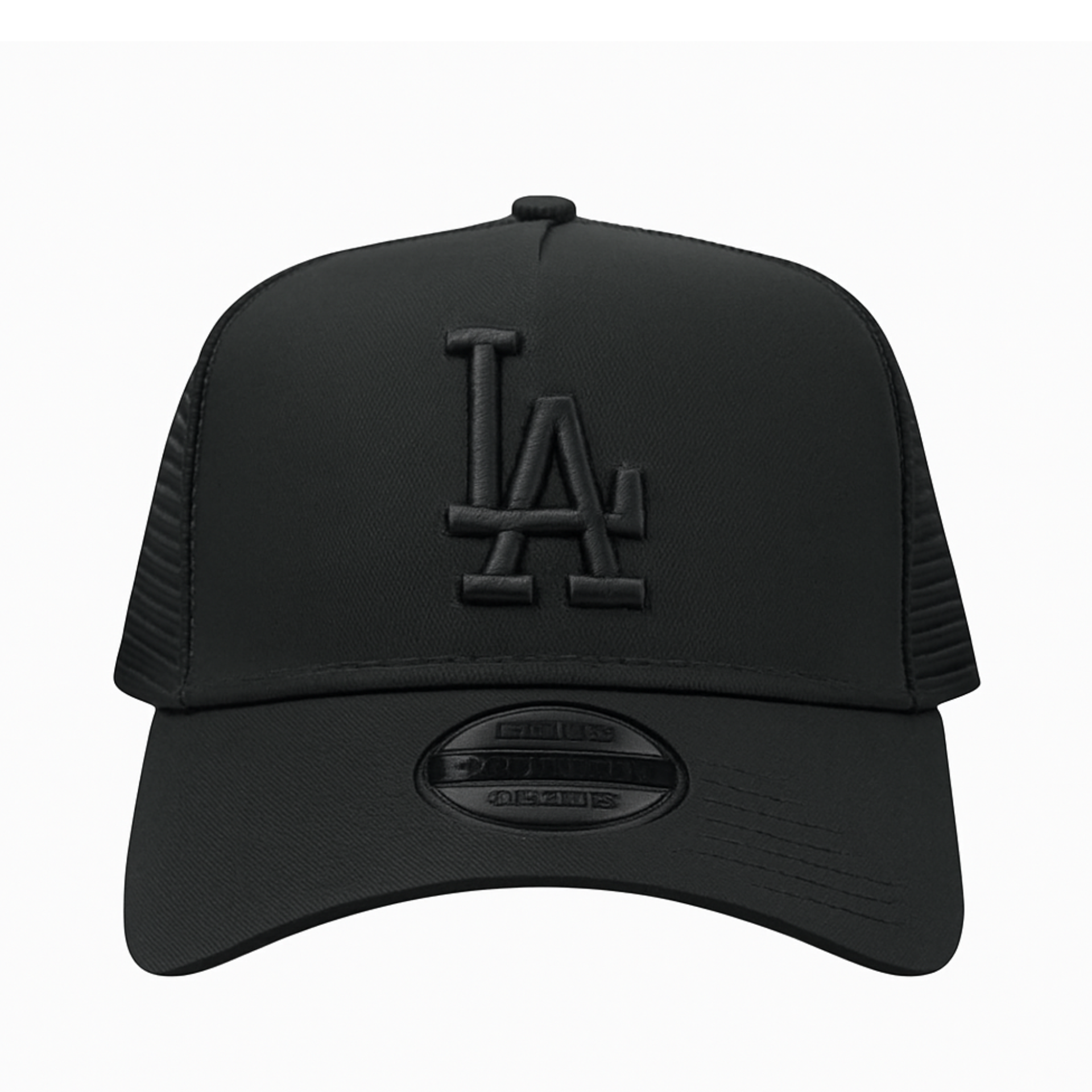 A black New Era 9FORTY A-Frame trucker style cap with an all-black LA logo, displayed on a white background.