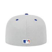 Back View of New Era 59FIFTY Shohei Ohtani Los Angeles Dodgers fitted hat in grey and royal blue, featuring embroidered Ohtani batting logo on the front, LA logo on the side, and gold detailing.