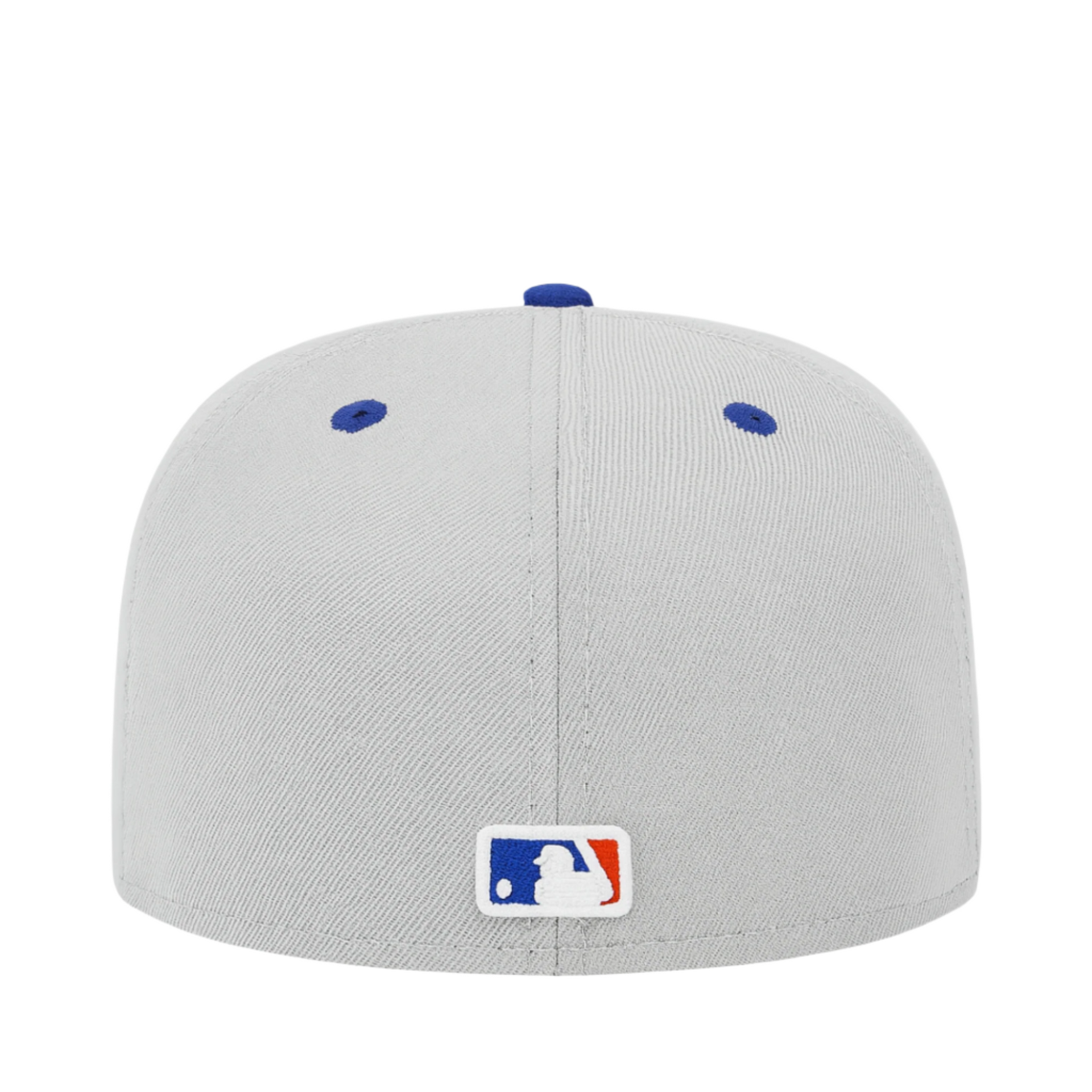 Back View of New Era 59FIFTY Shohei Ohtani Los Angeles Dodgers fitted hat in grey and royal blue, featuring embroidered Ohtani batting logo on the front, LA logo on the side, and gold detailing.