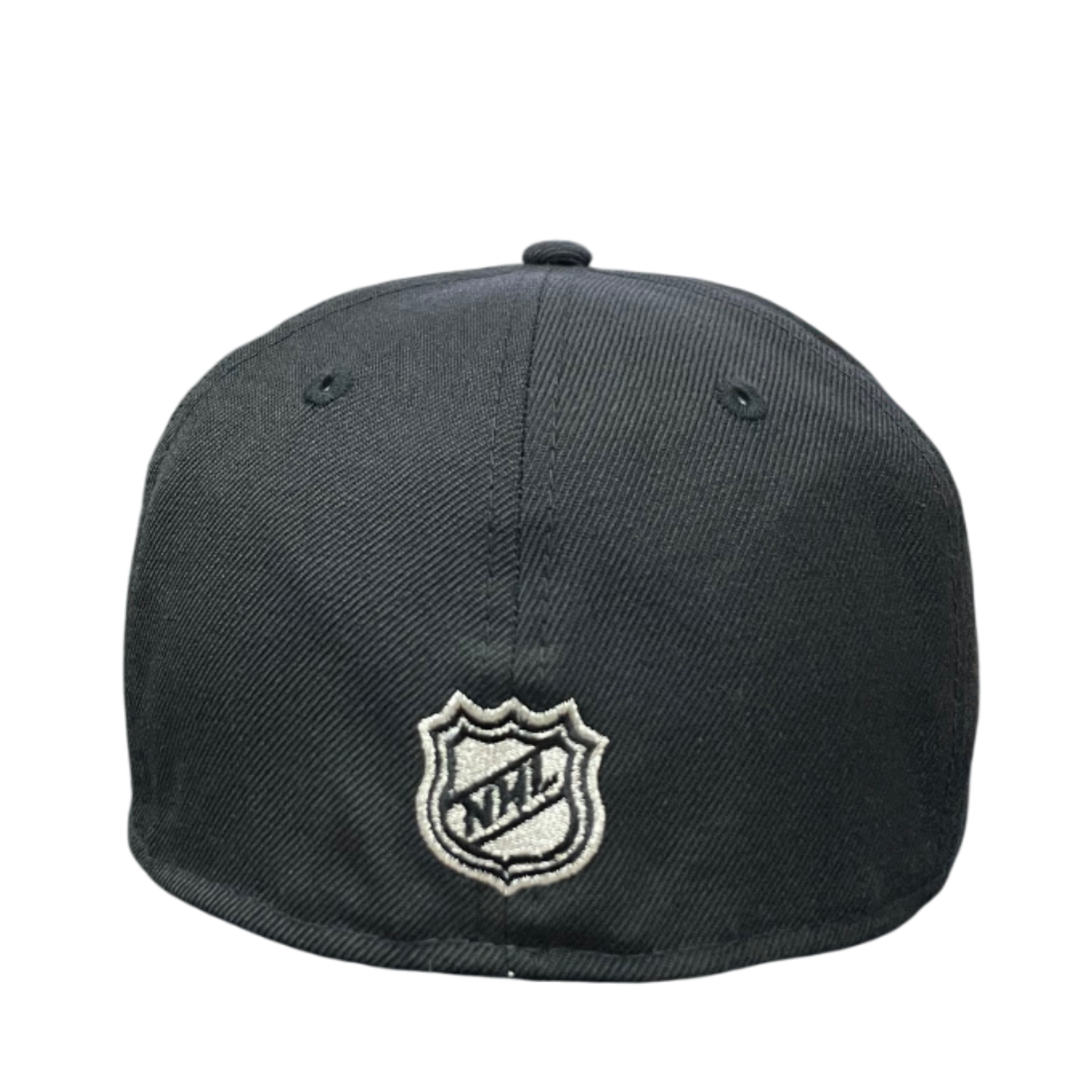 Back of Los Angeles Kings Script Logo Black Silver Outlined 59FIFTY Fitted Hat 