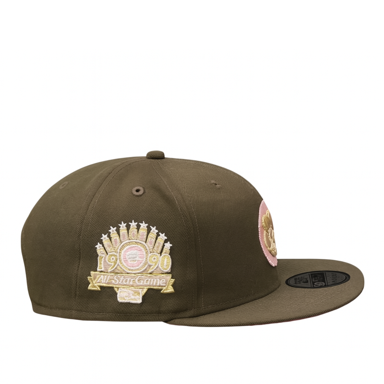 Brown New Era 59FIFTY fitted cap featuring a pink and beige Chicago Cubs bear logo on the front and a gold-stitched 1990 MLB All-Star Game side patch, displayed on a white background