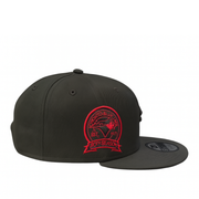 Side view of the black Toronto Blue Jays 9FIFTY snapback featuring a red embroidered 40th Season patch on the side panel.
