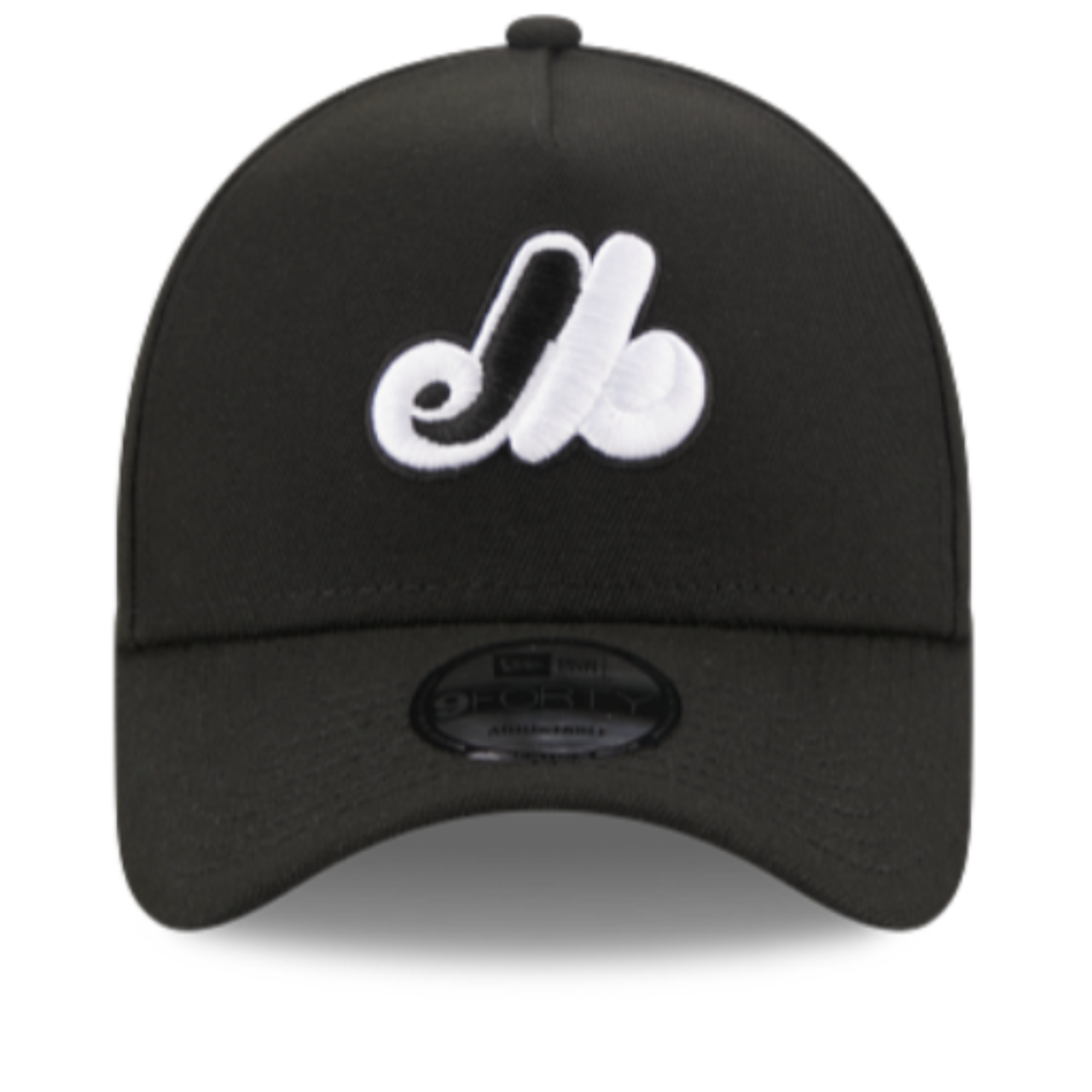 Front of New Era Montreal Expos Black White 9FORTY A-Frame  Snapback Hat