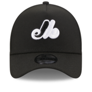 Front of New Era Montreal Expos Black White 9FORTY A-Frame  Snapback Hat