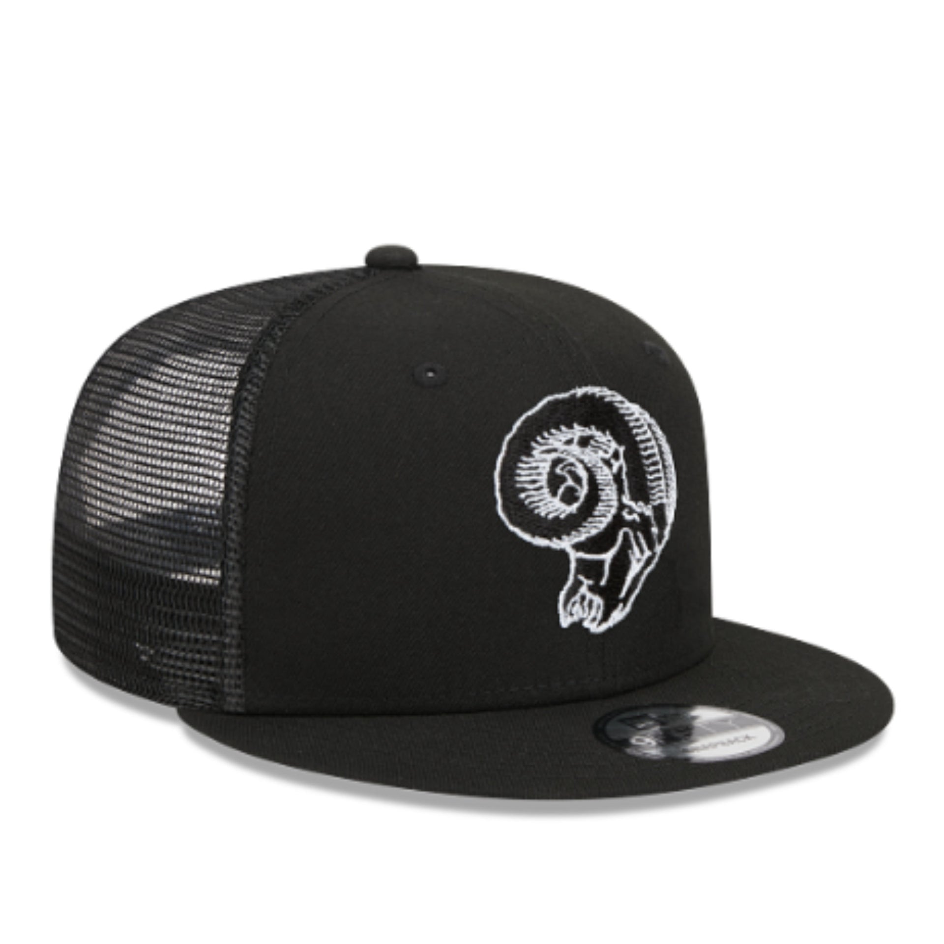 New Era Los Angeles Rams Black White 9FIFTY Trucker Snapback Hat