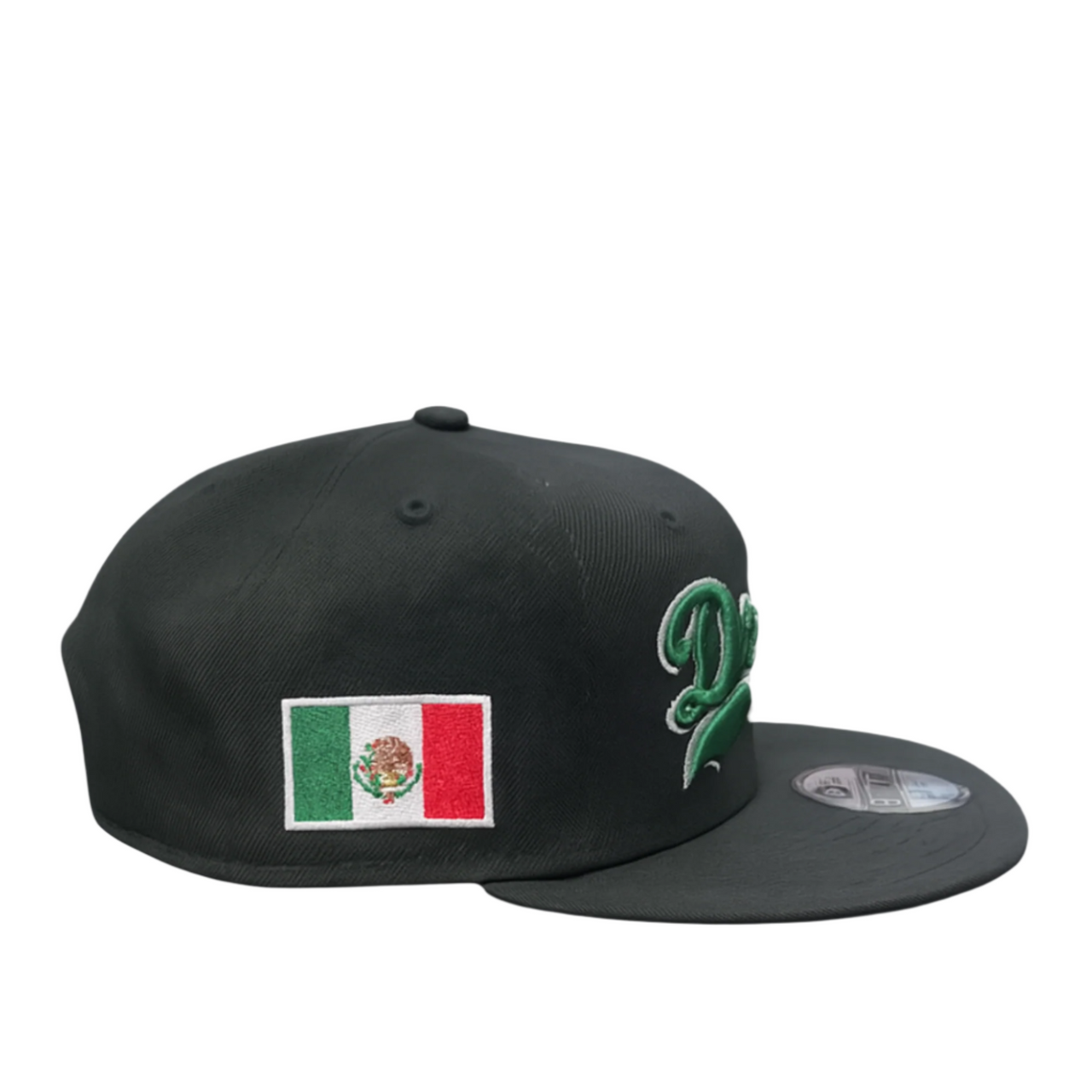 Black cap with Mexican flag patch and green logo on a white background