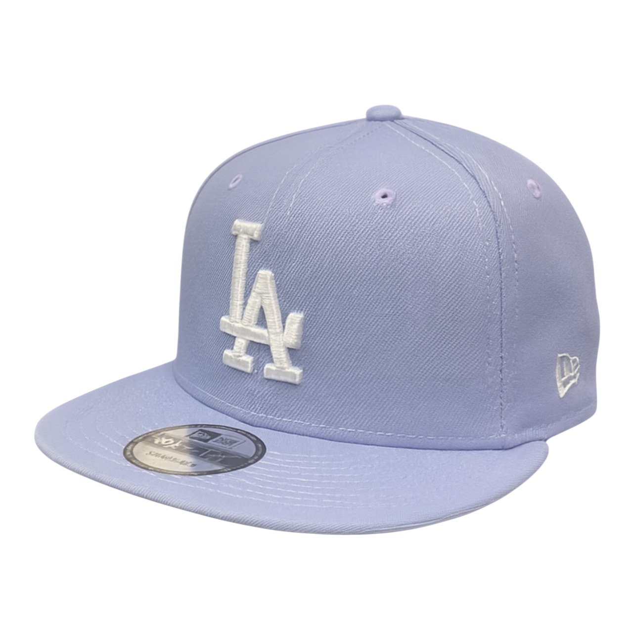 A lavender Los Angeles Dodgers New Era 9FIFTY snapback hat with a white embroidered LA logo, displayed on a white background.