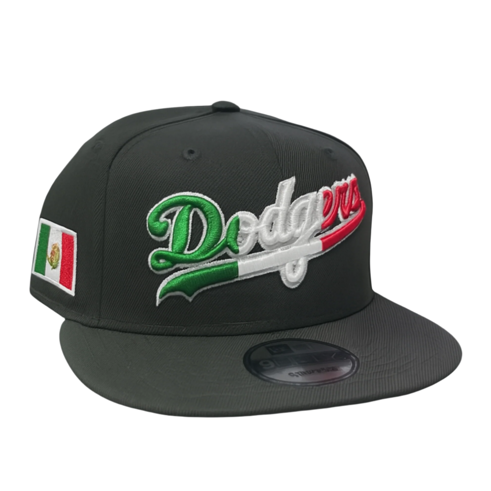A black New Era 9FIFTY snapback hat featuring the word "Dodgers" embroidered in green, white, and red to resemble the Mexican flag, with a Mexican flag patch on the left side. The hat is displayed on a white background.