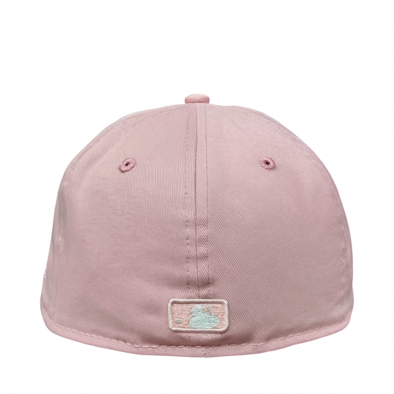 Back view of a pastel pink New Era fitted cap featuring an embroidered MLB logo in soft mint and white, displayed against a white background.