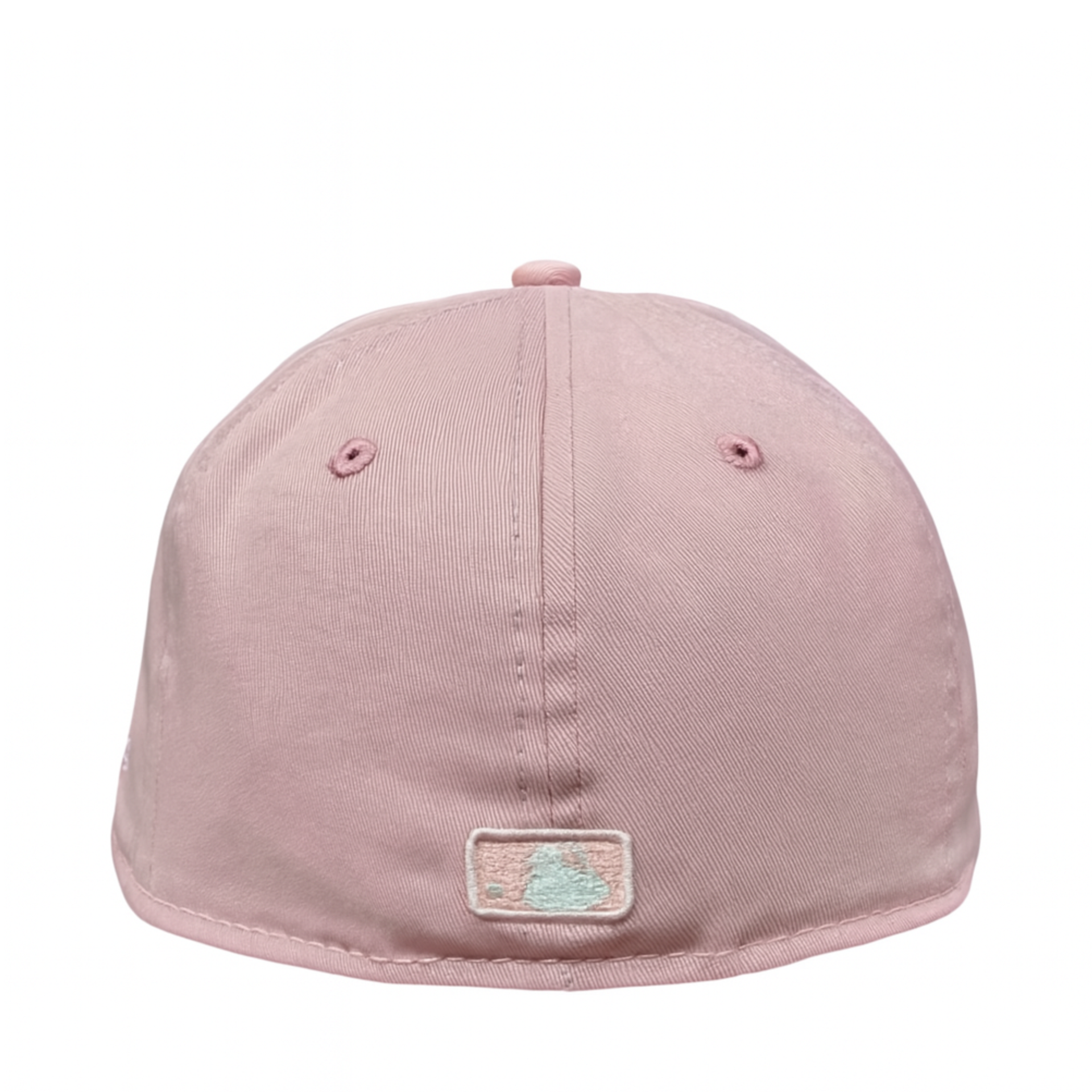 Back view of a pastel pink New Era fitted cap featuring an embroidered MLB logo in soft mint and white, displayed against a white background.