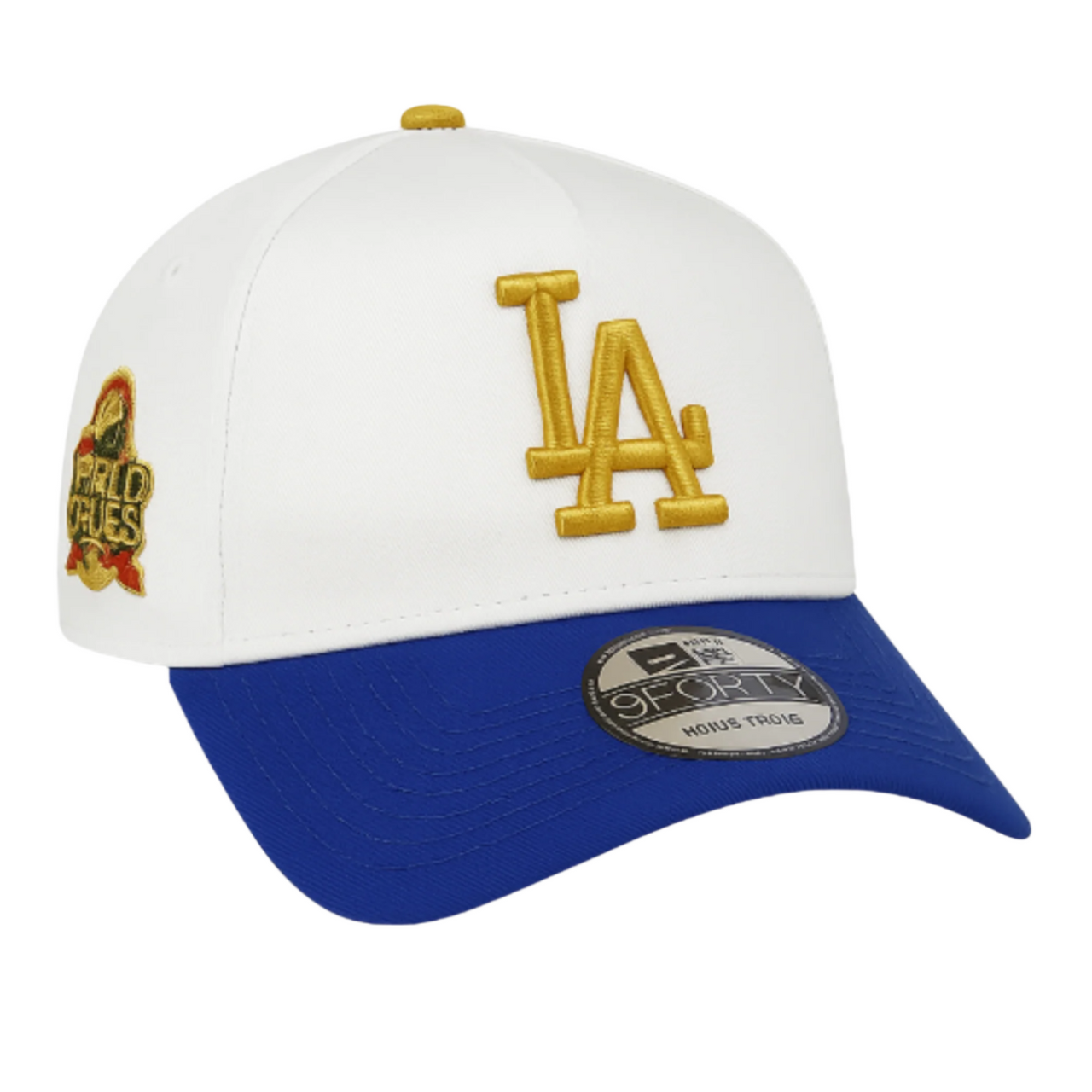 New Era 9FORTY A-Frame adjustable cap with white crown and royal blue brim, featuring a metallic gold LA logo, World Series side patch, and accurate reflective sticker on the visor.