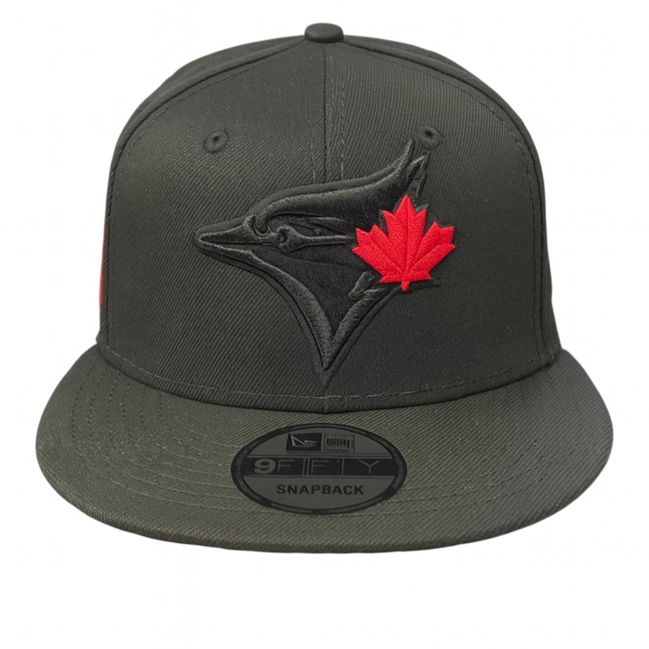 Front view of a black Toronto Blue Jays New Era 9FIFTY snapback hat with an embroidered team logo and red maple leaf on the front panel.