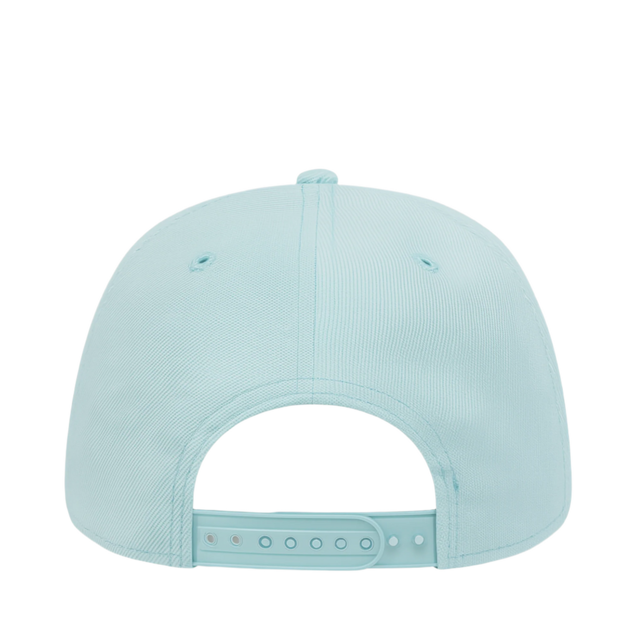 Rear view of a pastel blue New Era 9FIFTY snapback cap with matching adjustable strap and ventilation eyelets, set against a white background.