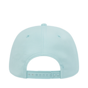Rear view of a pastel blue New Era 9FIFTY snapback cap with matching adjustable strap and ventilation eyelets, set against a white background.