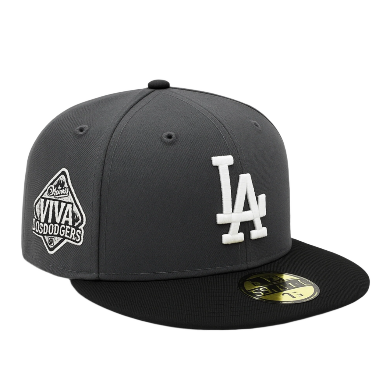 Graphite and black two-tone New Era 59FIFTY fitted cap featuring a white LA front logo, a 'Viva Los Dodgers' patch on the side, and a gold size sticker on the flat black brim, displayed on a clean white background.