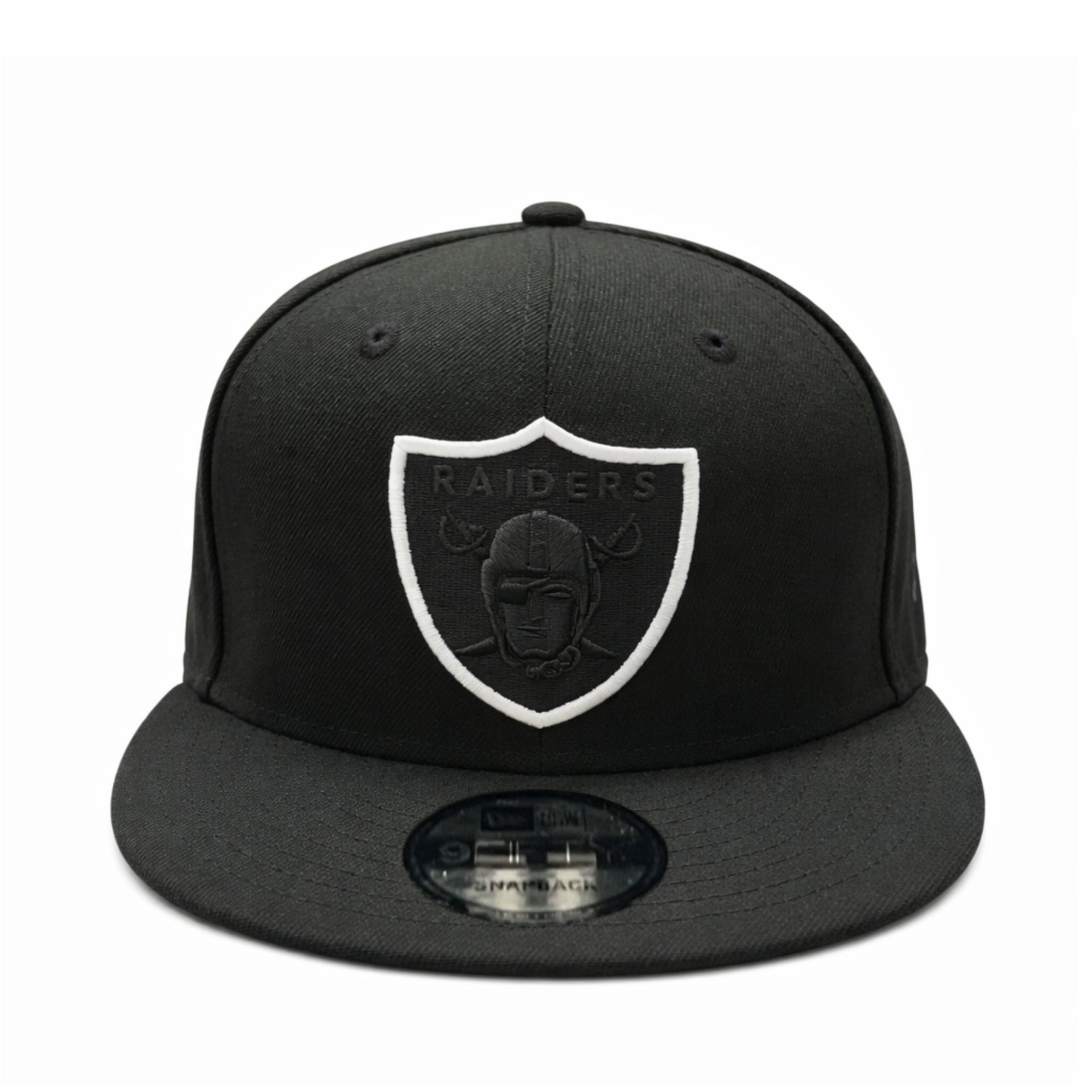 Black cap with a black raiders logo and white outline on a white background