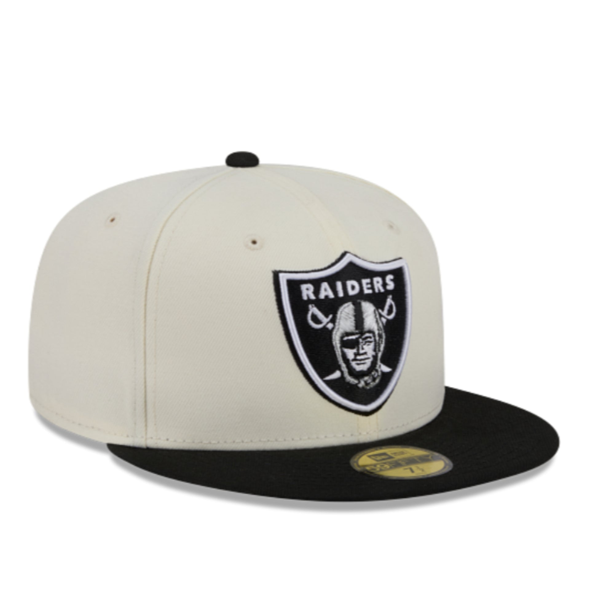 New Era Las Vegas Raiders Chrome Black 59FIFTY Fitted Hat front right angle view