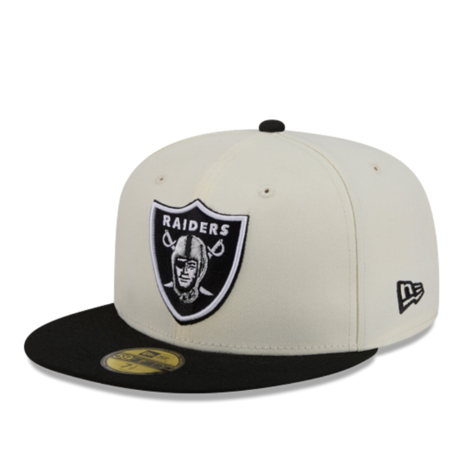 New Era Las Vegas Raiders Chrome Black 59FIFTY Fitted Hat front left angle view