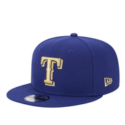 Blue New Era snapback cap with Texas Rangers Gold logo 